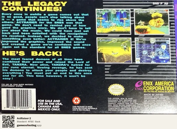 ActRaiser 2 Super Nintendo Entertainment System, NTSC box back