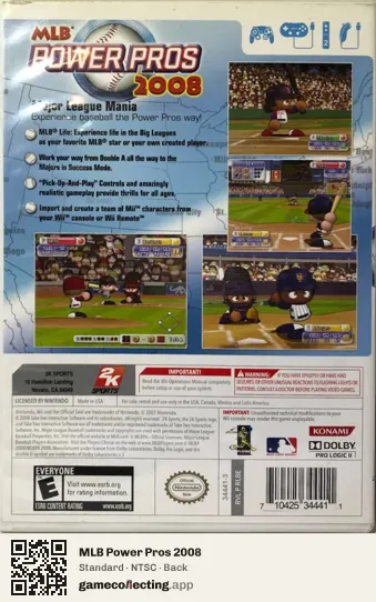 MLB Power Pros 2008 Nintendo Wii, NTSC box back