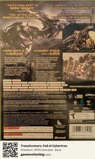 Transformers: Fall of Cybertron Xbox 360, Canada box back