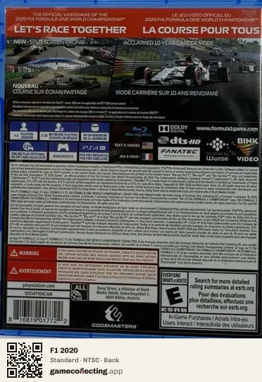 F1 2020 PlayStation 4, NTSC box back