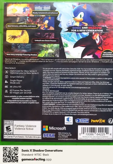 Sonic X Shadow Generations Xbox Series X, NTSC box back