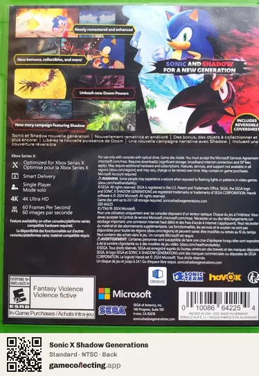 Sonic X Shadow Generations Xbox Series X, NTSC box back