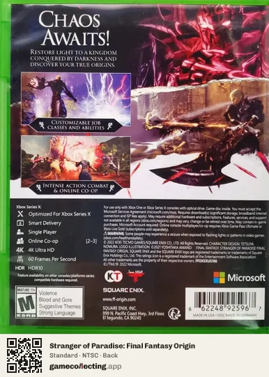 Stranger of Paradise: Final Fantasy Origin Xbox Series X, NTSC box back