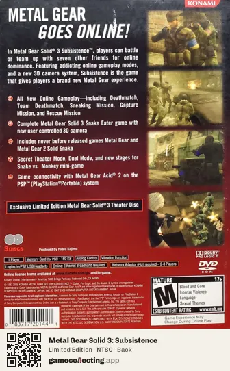Metal Gear Solid 3: Subsistence PlayStation 2, NTSC box back