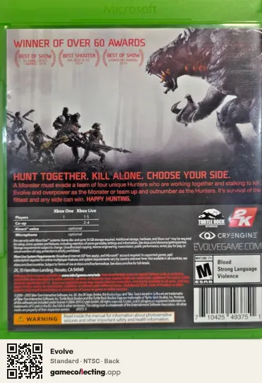 Evolve Xbox One, NTSC box back