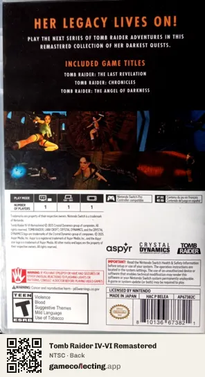 Tomb Raider IV-VI Remastered Nintendo Switch, NTSC box back