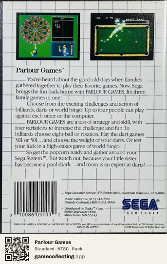 Parlour Games Sega Master System, NTSC box back