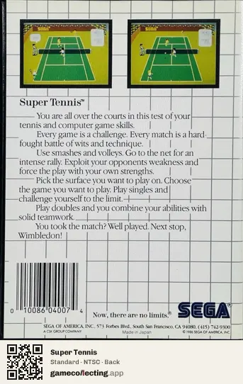 Super Tennis Sega Master System, NTSC box back