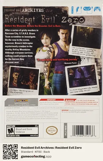 Resident Evil Archives: Resident Evil Zero Nintendo Wii, NTSC box back