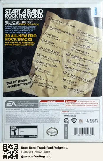 Rock Band Track Pack Volume 1 Nintendo Wii, NTSC box back