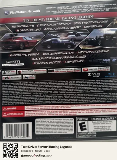 Test Drive: Ferrari Racing Legends PlayStation 3, NTSC box back
