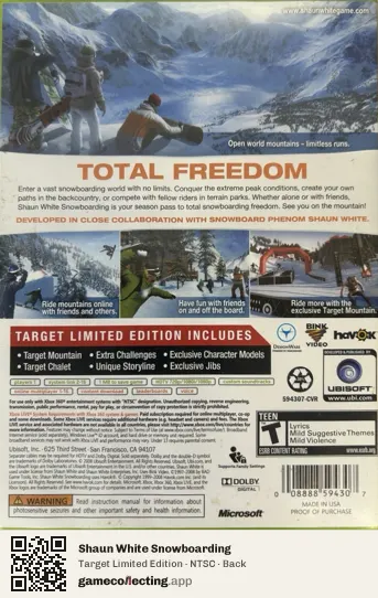 Shaun White Snowboarding Xbox 360, NTSC box back