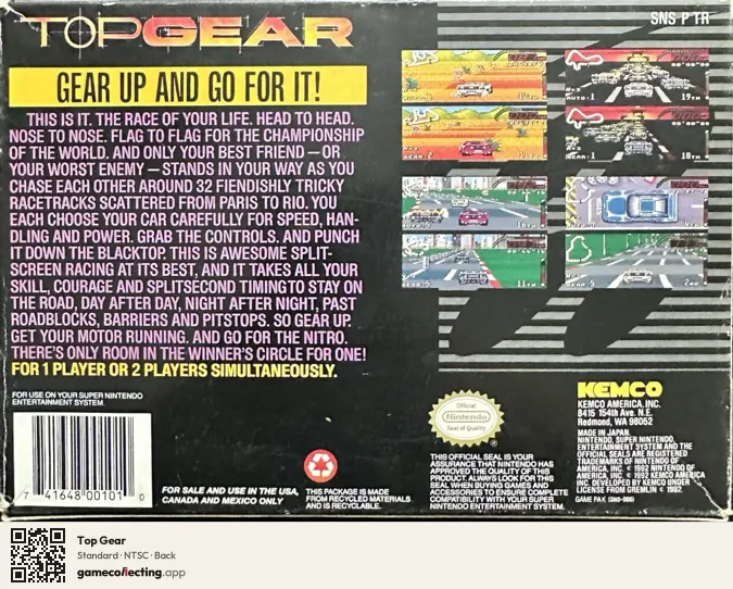 Top Gear Super Nintendo Entertainment System, NTSC box back