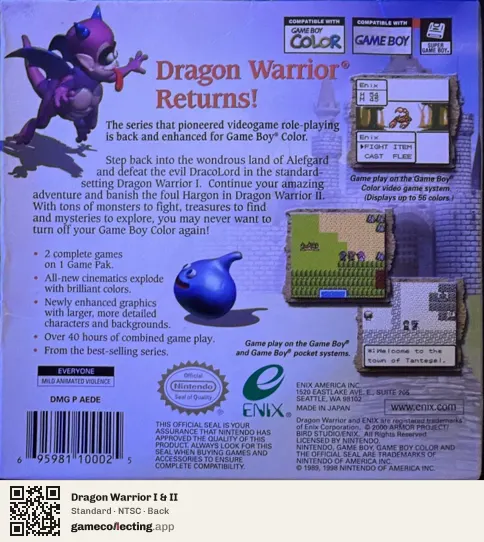 Dragon Warrior I & II Game Boy Color, NTSC box back