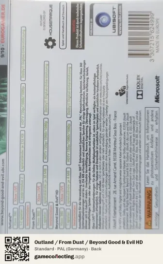 Outland / From Dust / Beyond Good & Evil HD Xbox 360, Germany box back