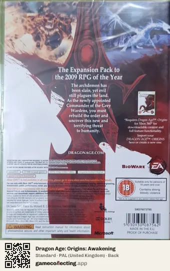 Dragon Age: Origins: Awakening Xbox 360, United Kingdom box back