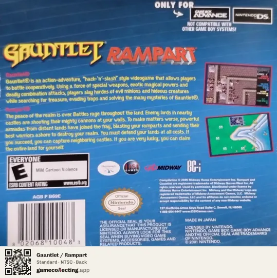 Gauntlet / Rampart Game Boy Advance, NTSC box back