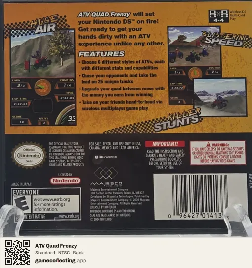 ATV Quad Frenzy Nintendo DS, NTSC box back