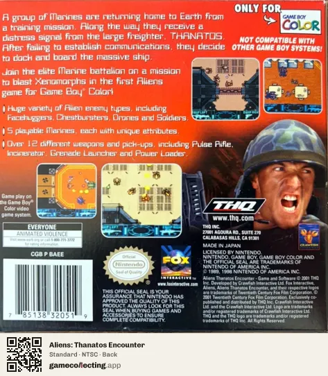 Aliens: Thanatos Encounter Game Boy Color, NTSC box back