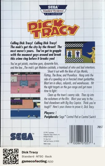 Dick Tracy Sega Master System, NTSC box back