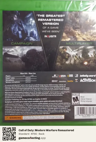 Call of Duty: Modern Warfare Remastered Xbox One, NTSC box back