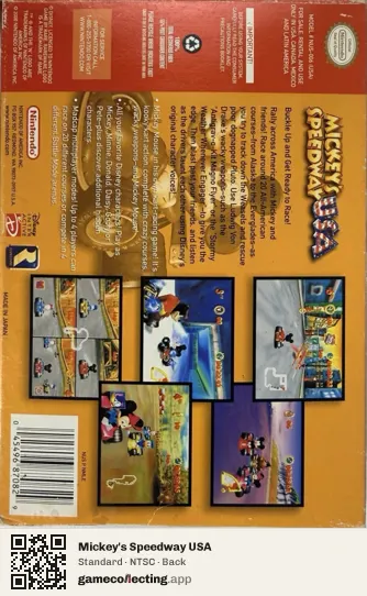 Mickey's Speedway USA Nintendo 64, NTSC box back