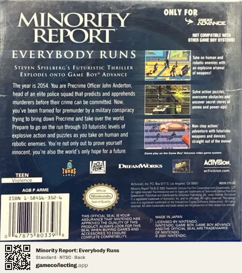 Minority Report: Everybody Runs Game Boy Advance, NTSC box back