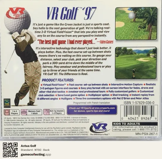 Actua Golf PlayStation, NTSC box back