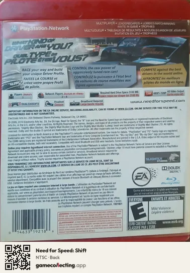 Need for Speed: Shift PlayStation 3, NTSC box back