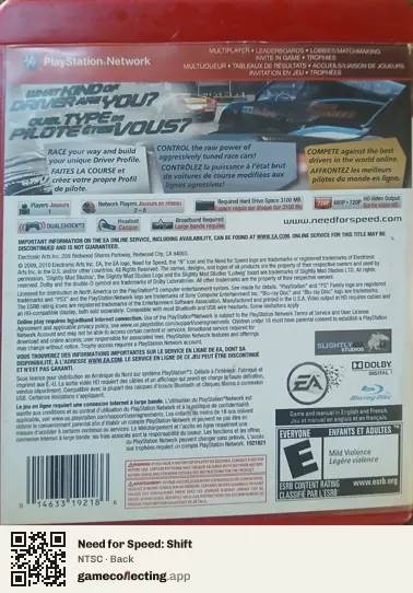 Need for Speed: Shift PlayStation 3, NTSC box back