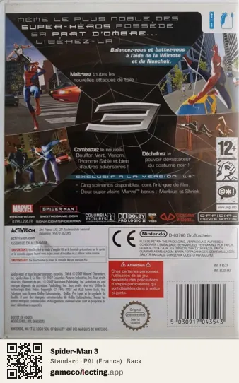 Spider-Man 3 Nintendo Wii, France box back