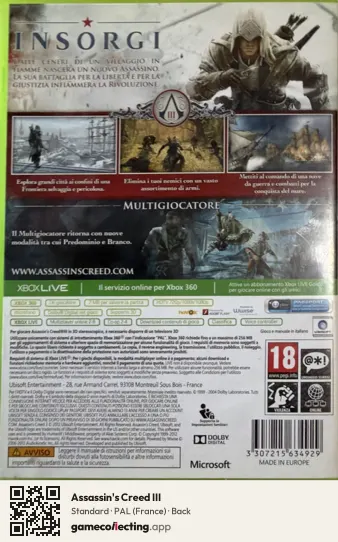 Assassin's Creed III Xbox 360, France box back