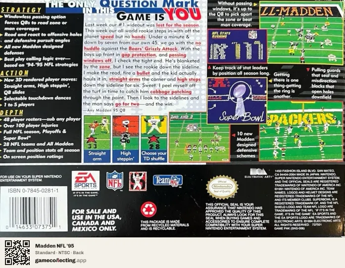 Madden NFL '95 Super Nintendo Entertainment System, NTSC box back