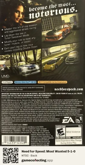 Need for Speed: Most Wanted 5-1-0 PlayStation Portable, NTSC box back
