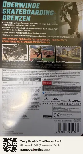 Tony Hawk's Pro Skater 1 + 2 Nintendo Switch, Germany box back