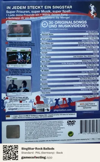 SingStar Rock Ballads PlayStation 2, Germany box back