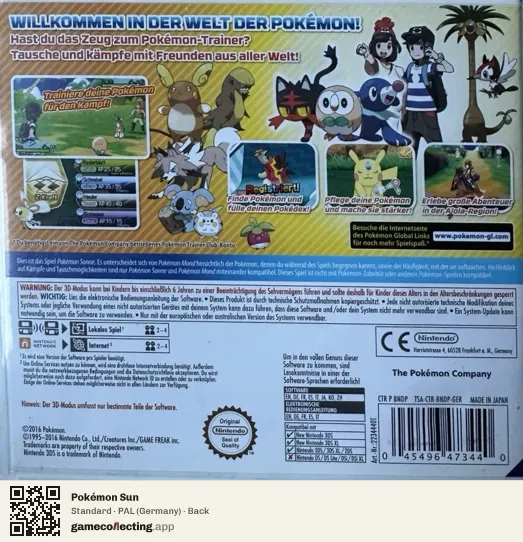 Pokémon Sun Nintendo 3DS, Germany box back