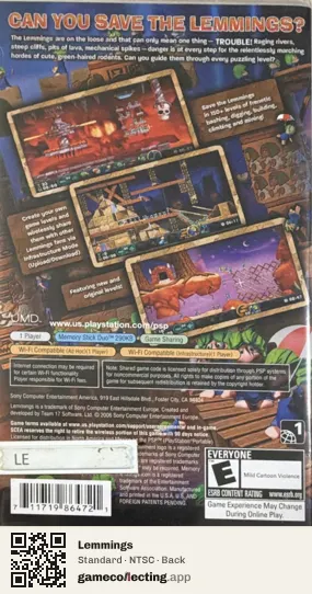 Lemmings PlayStation Portable, NTSC box back