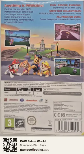 PAW Patrol World Nintendo Switch, PAL box back