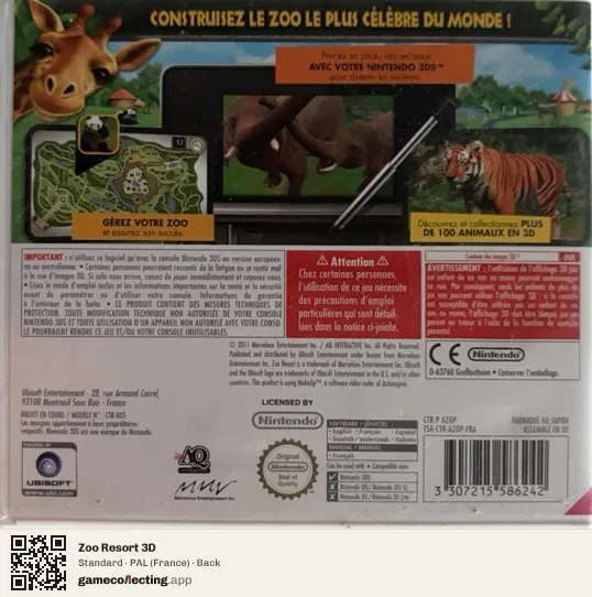 Zoo Resort 3D Nintendo 3DS, France box back