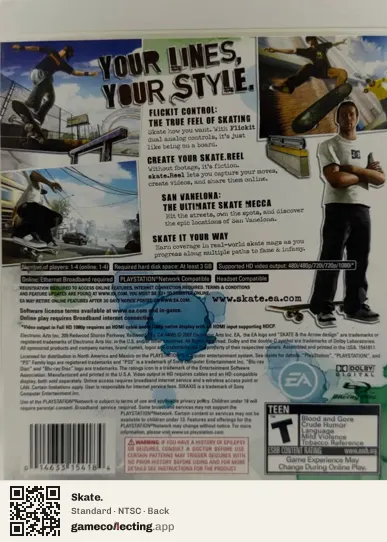 Skate. PlayStation 3, NTSC box back