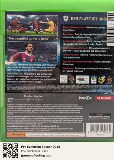 Pro Evolution Soccer 2015 Xbox One, Germany box back