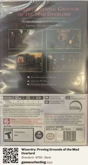 Wizardry: Proving Grounds of the Mad Overlord Nintendo Switch, NTSC box back