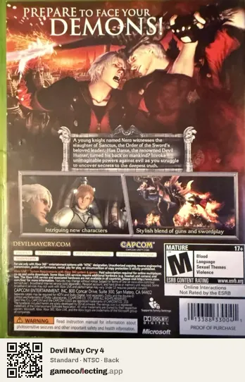 Devil May Cry 4 Xbox 360, NTSC box back