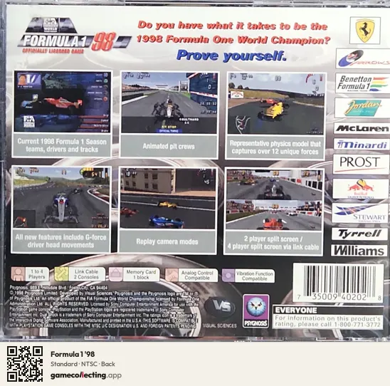 Formula 1 '98 PlayStation, NTSC box back