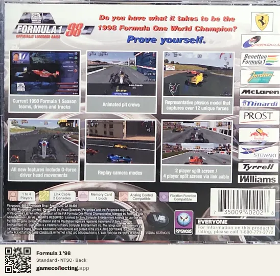 Formula 1 '98 PlayStation, NTSC box back