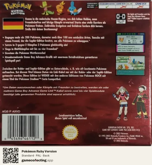Pokémon Ruby Version Game Boy Advance, PAL box back