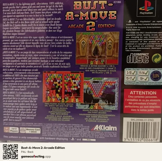 Bust-A-Move 2: Arcade Edition PlayStation, PAL box back