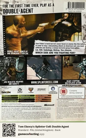 Tom Clancy's Splinter Cell: Double Agent Xbox, United Kingdom box back