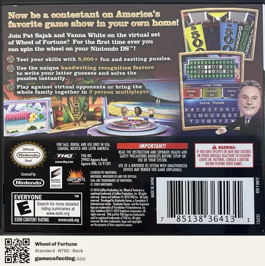 Wheel of Fortune Nintendo DS, NTSC box back
